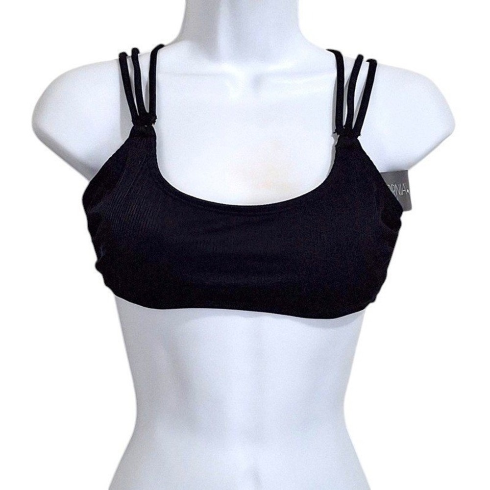 California Waves Bikini Top Juniors Large Black Bralette Ribbed Strappy Tie NEW